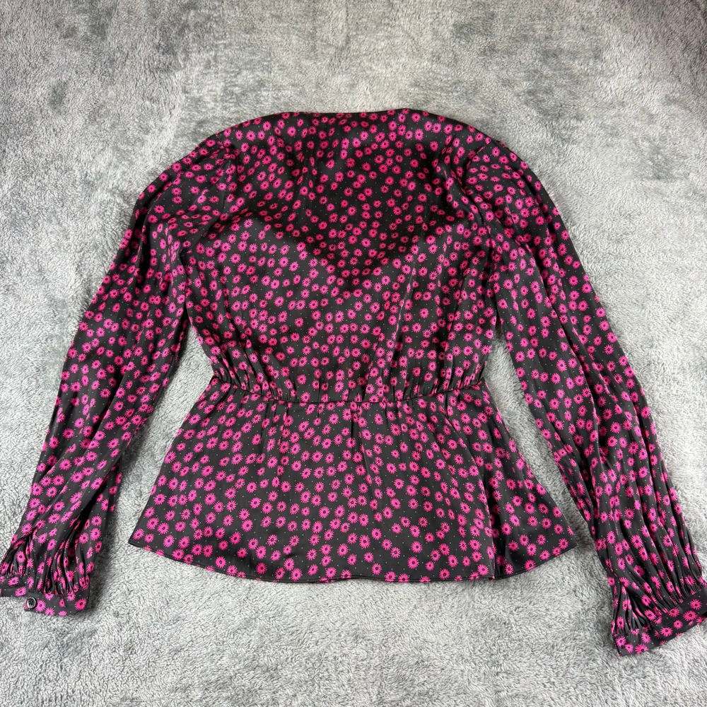 The Kooples Daisy Dots Peplum V-Neck Long Sleeve Blouse Top Black Pink Size L - Picture 7 of 8